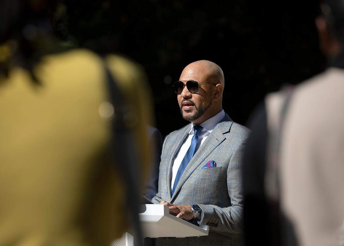 Carlos Moore, an attorney with The Cochran Firm, speaks during a press conference in Raleigh, N.C. on Wednesday, Oct. 25, 2023, about years of under-funding for Historically Black Colleges and Universities.