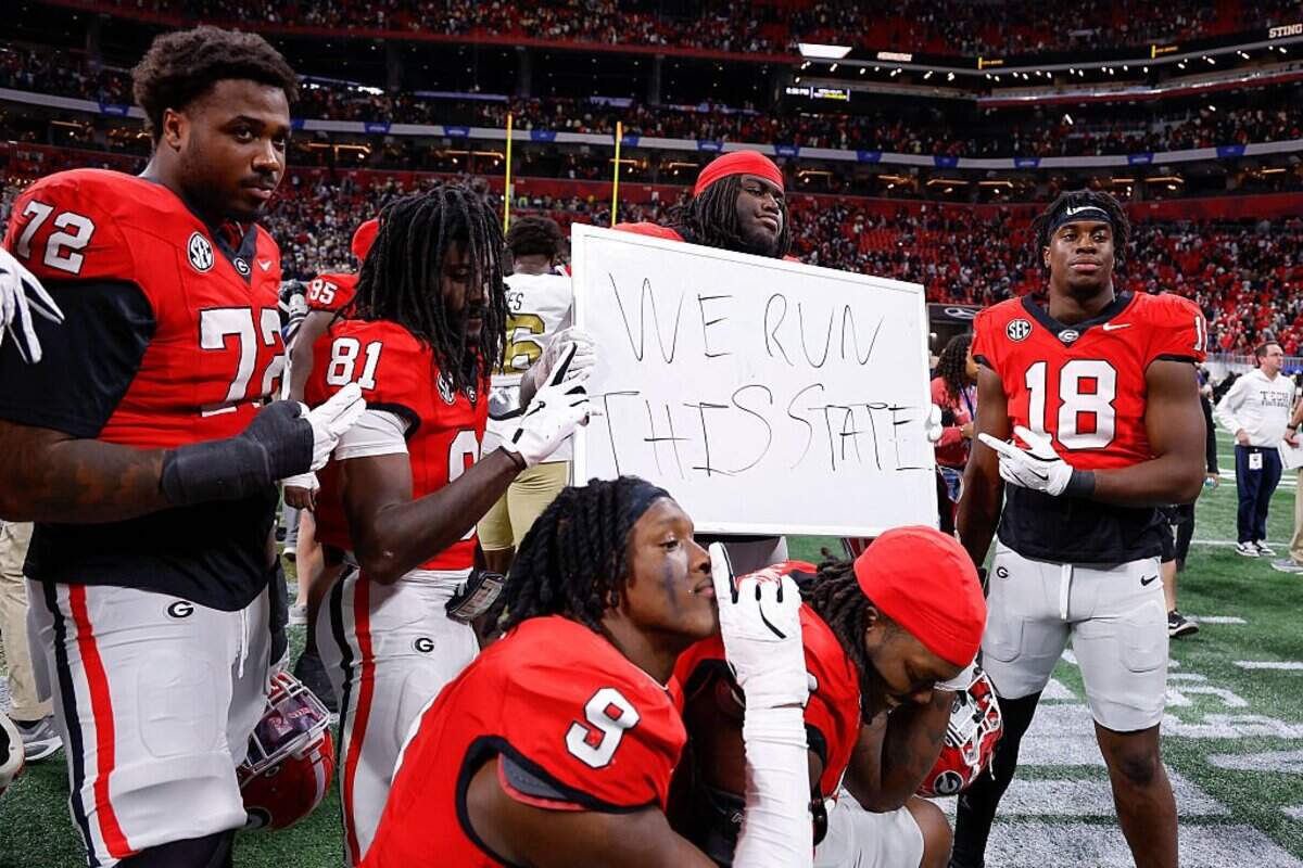 The Georgia Bulldogs react following the 16-9 victory over the Georgia Tech Yellow Jackets at Mercedes-Benz Stadium on Nov. 28, 2025, in Atlanta, Georgia.