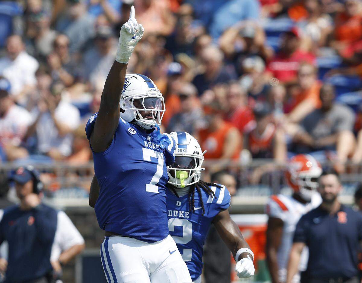 Duke’s Vincent Anthony Jr. reacts after sacking Illinois quarterback Luke Altmyer during the Blue Devils’ 45-19 home loss on Sept. 6.  