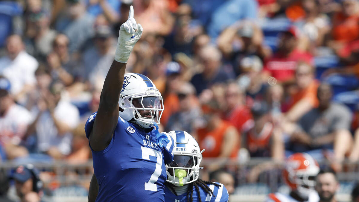 Duke’s Vincent Anthony Jr. reacts after sacking Illinois quarterback Luke Altmyer during the first half of the Blue Devils’ game 45-19 loss on Saturday, Sept. 6, 2025, at Wallace Wade Stadium in Durham, N.C.