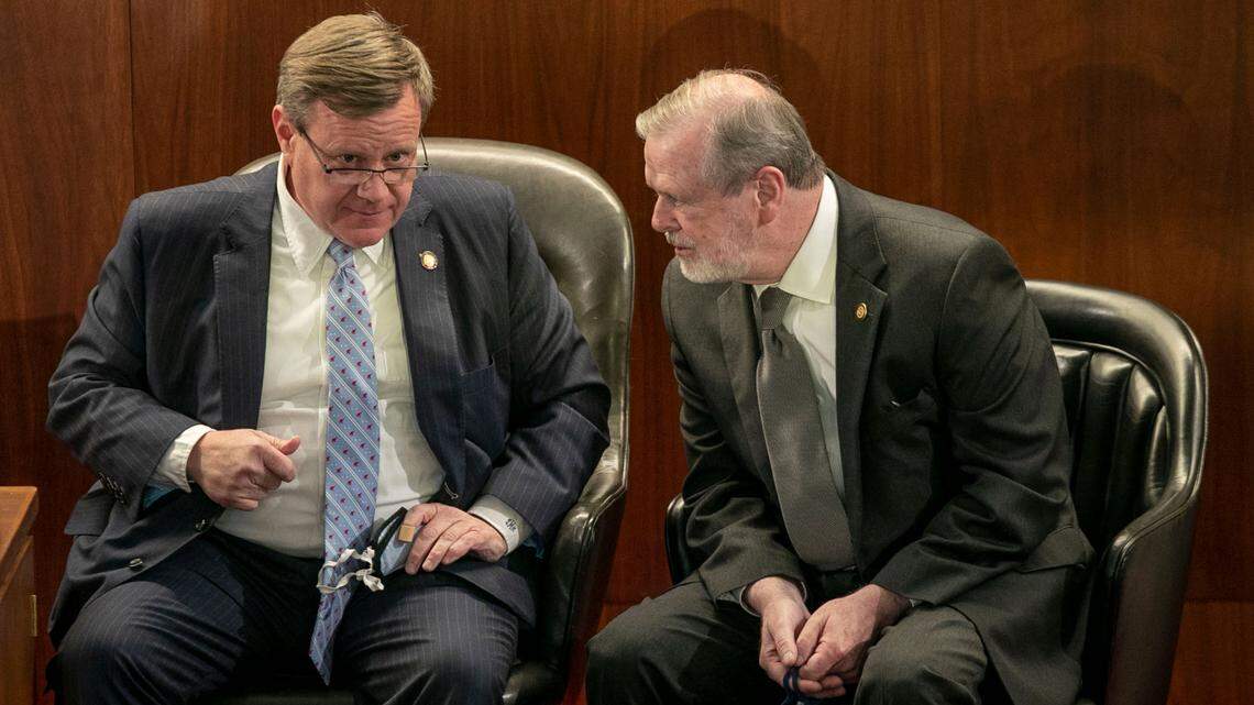 House Speaker Tim Moore talks with Senator Phil Berger as they await the arrival of Governor Roy Cooper for the State of the State address on Monday, April 26, 2021 in Raleigh, N.C.