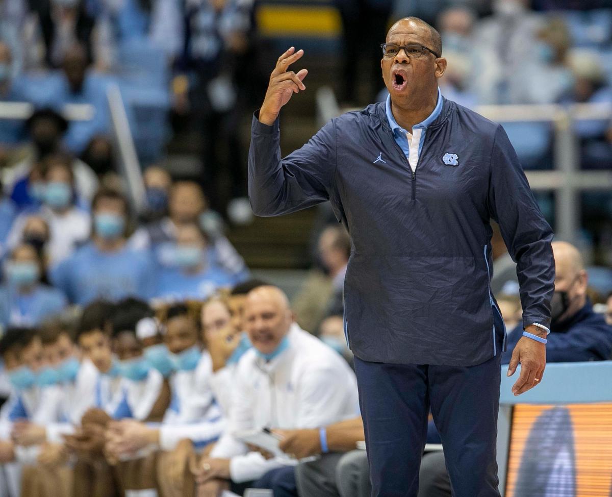 North Carolina coach Hubert Davis directs his team during the first half against Elizabeth City State on Friday, November 5, 2021 at the Smith Center in Chapel Hill, N.C.