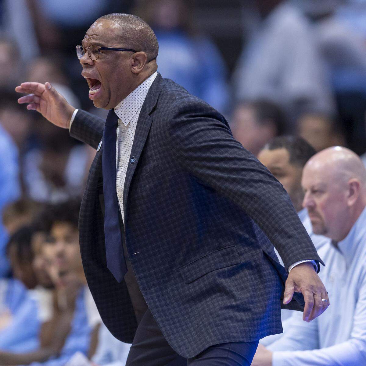 North Carolina coach Hubert Davis directs his team in the first half against Pitt on Saturday, February 14, 2026 at the Smith Center in Chapel Hill, N.C.