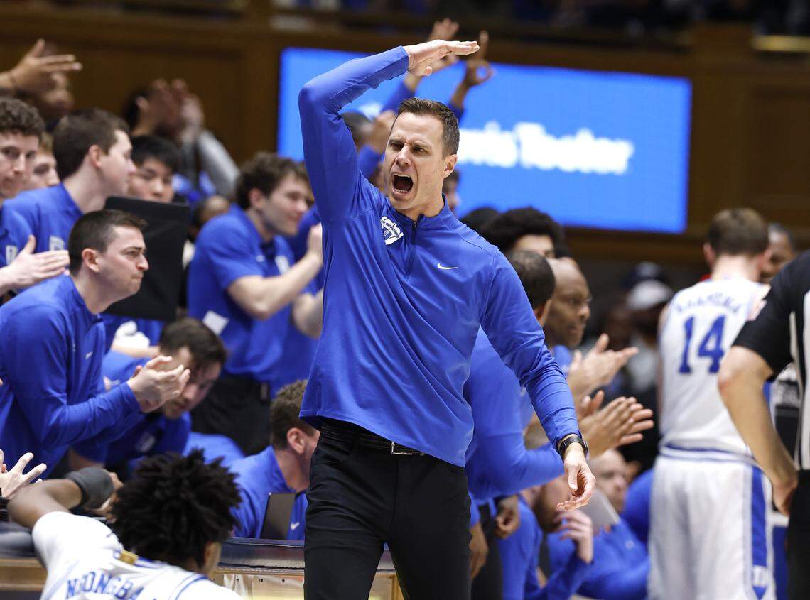 Duke head coach Jon Scheyer encourages the crowd during the first half of Duke’s game against Virginia at Cameron Indoor Stadium in Durham, N.C., Saturday, Feb. 28, 2026.
