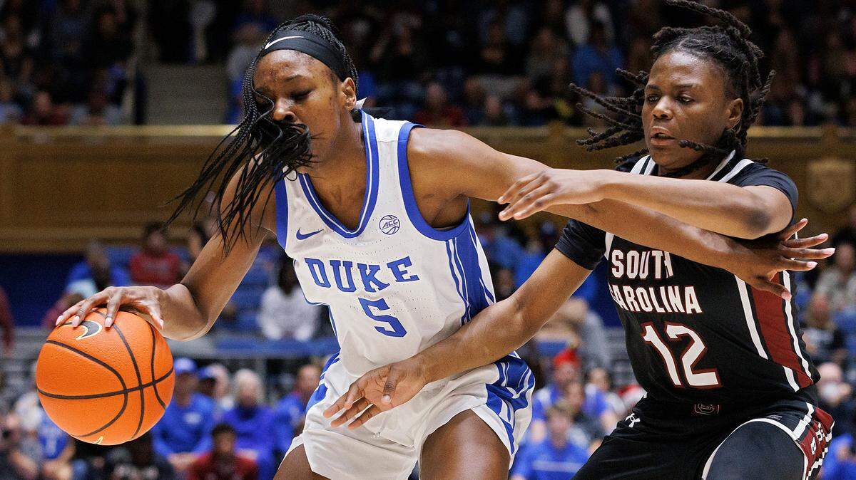 Duke’s Oluchi Okananwa drives against South Carolina’s MiLaysia Fulwiley during the first half of the Blue Devils’ game on Sunday, Dec. 3, 2023, at Cameron Indoor Stadium in Durham, N.C.