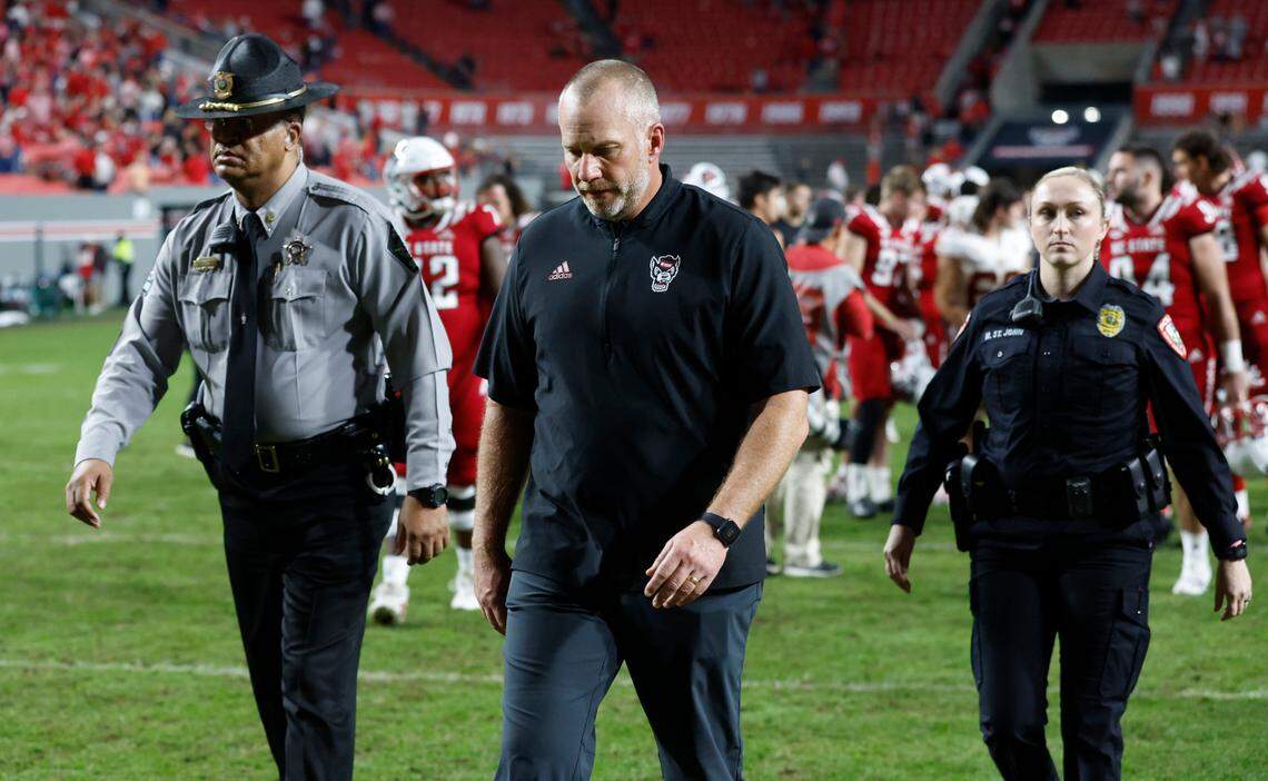 N.C. State head coach Dave Doeren walks off the field after Boston College’s 21-20 victory over N.C. State at Carter-Finley Stadium in Raleigh, N.C., Saturday, Nov. 12, 2022.