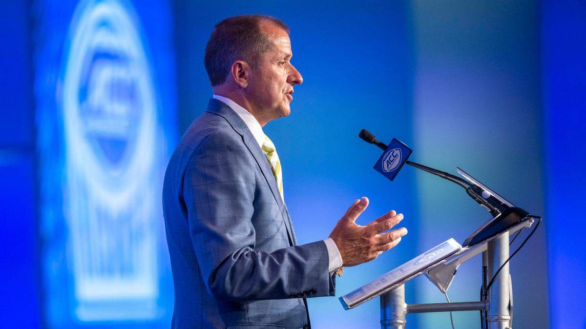 ACC Commissioner Jim Phillips conducts his Commissioners Forum during the 2022 ACC Football Kickoff on Wednesday, July 20, 2022 in Charlotte, N.C.