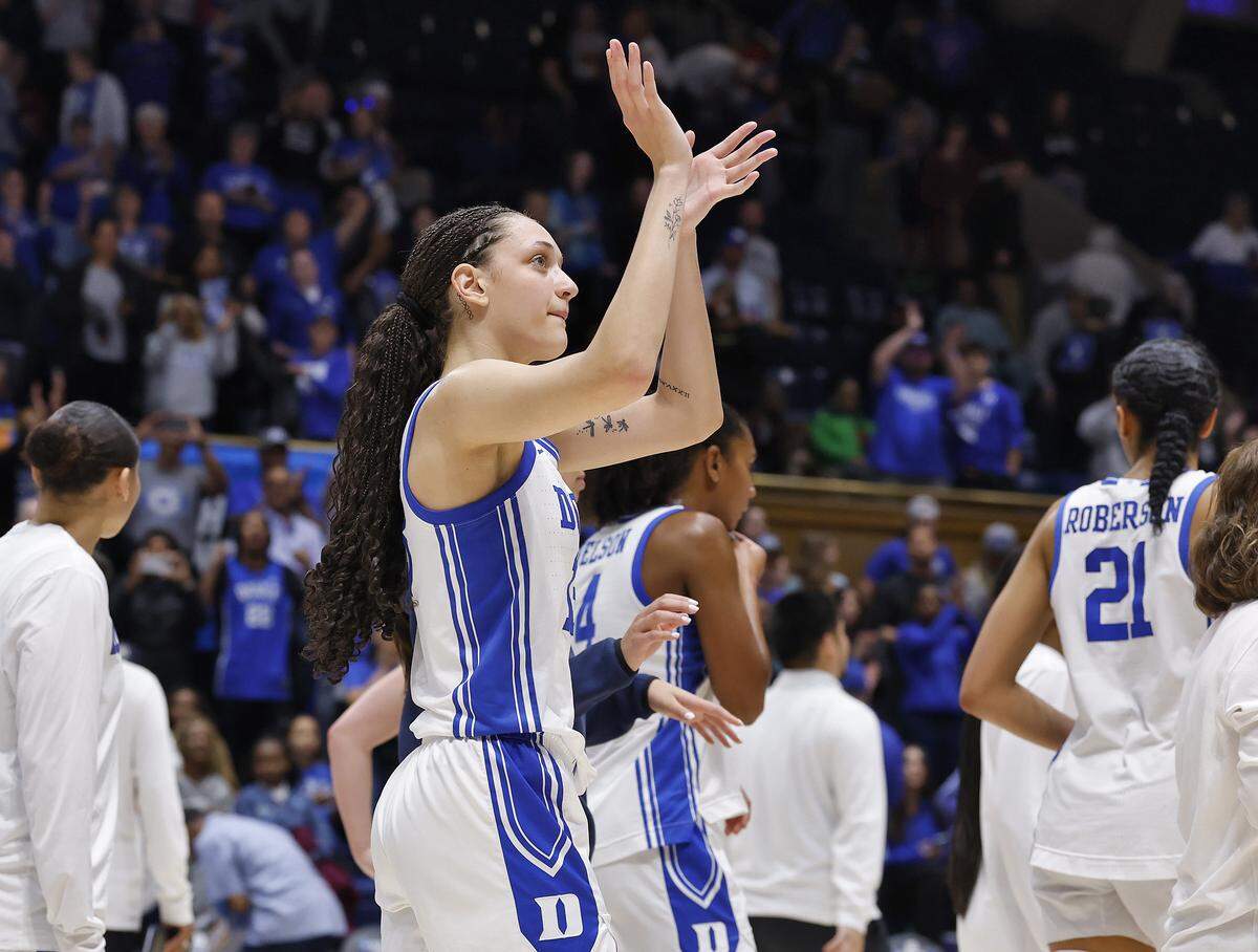 Duke’s Jordan Wood acknowledges the crowd as she walks off the court following the Blue Devils’ 81-64 first-round NCAA Tournament win over College of Charleston on Friday, March 20, 2026, at Cameron Indoor Stadium in Durham, N.C.
