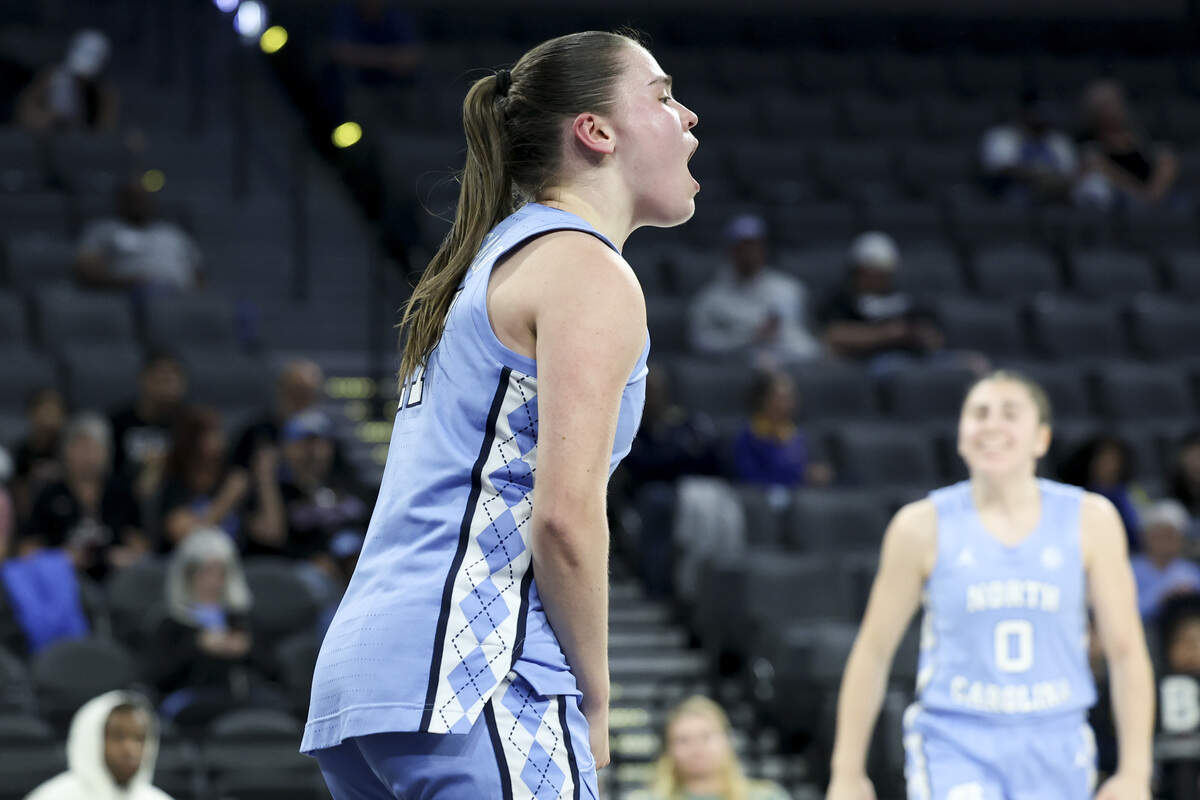Elina Aarnisalo of the North Carolina Tar Heels reacts after making a basket before the end of the first quarter of a 2025 WBCA Challenge game against UCLA at Michelob ULTRA Arena on Nov. 13, 2025 in Las Vegas, Nevada.