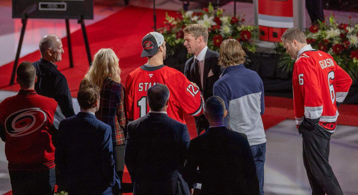 Jordan Staal greets his brother Eric Staal as he arrives to have his jersey retired by the Carolina Hurricanes on Sunday, January 12, 2025 at Lenovo Center in Raleigh, N.C.