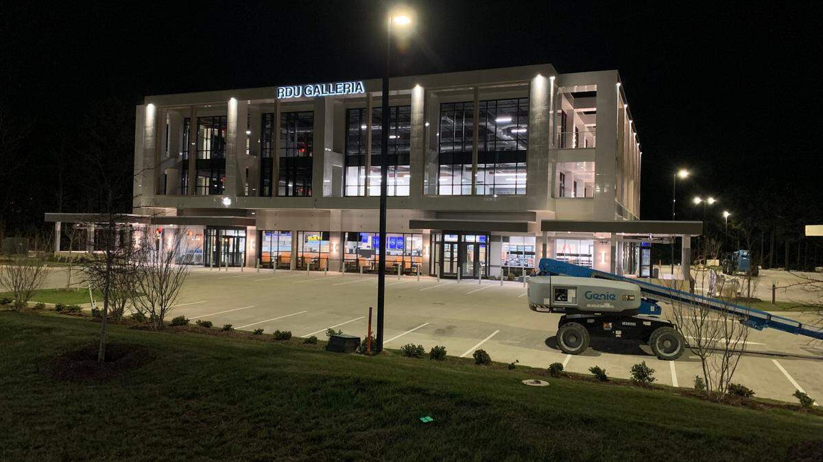 The RDU Galleria is expected to open in late April 2023 at Aviation Parkway and Interstate 40 near Raleigh-Durham International Airport.