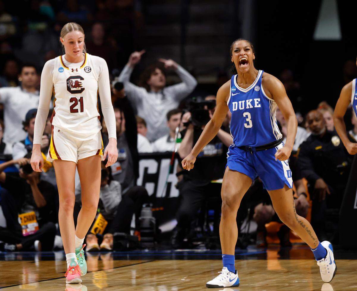 Duke’s Ashlon Jackson reacts after drawing a charge in the final minute of the Blue Devils’ 54-50 loss to South Carolina in the NCAA Tournament Elite Eight at Legacy Arena on Sunday, March 30, 2025, in Birmingham, Ala.