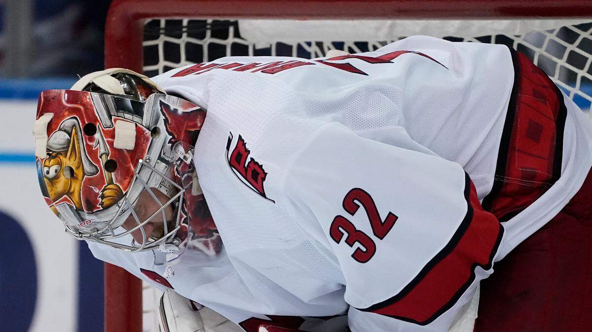 Carolina Hurricanes goaltender Antti Raanta (32) reacts after giving up a goal to New York Rangers center Mika Zibanejad during the first period of Game 6 of an NHL hockey Stanley Cup second-round playoff series, Saturday, May 28, 2022, in New York.