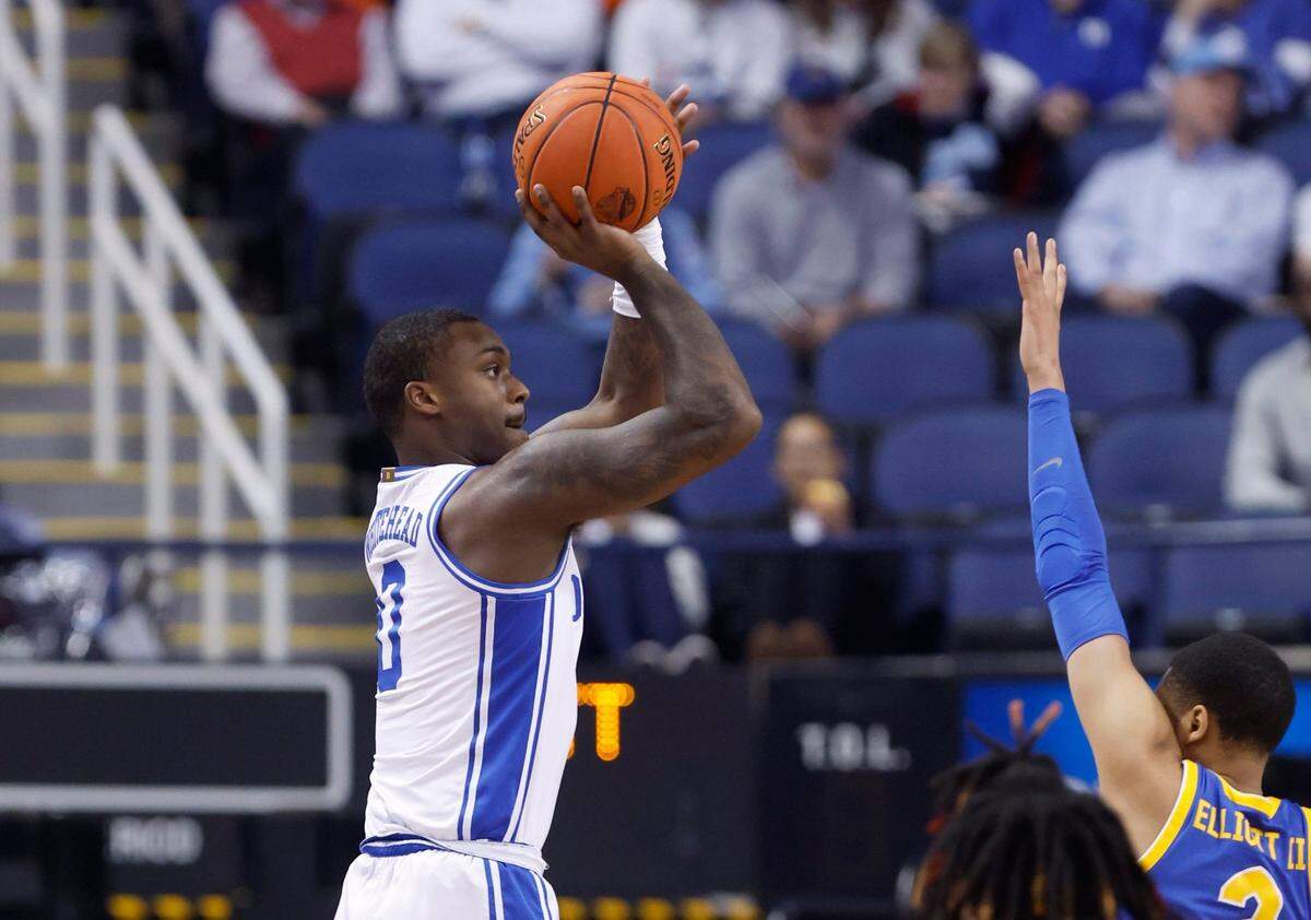 Duke’s Dariq Whitehead (0) shoots during the first half of Duke’s game against Pitt in the quarterfinals of the ACC Men’s Basketball Tournament in Greensboro, N.C., Thursday, March 9, 2023.