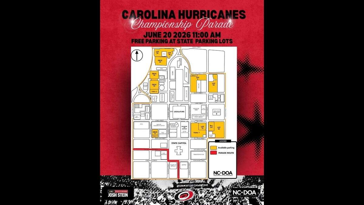 State parking lots and decks in yellow will be free for Stanley Cup parade attendees on Saturday, Gov. Josh Stein announced on Facebook Thursday.