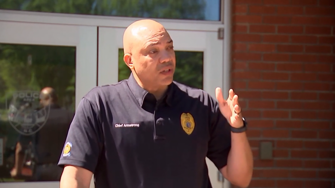 Apex Police Chief Jason Armstrong talks to the media on Thursday, April 13, 2023 about the shooting death of 18-year-old Dayve Sanchez by SBI agent Denzel Ward.