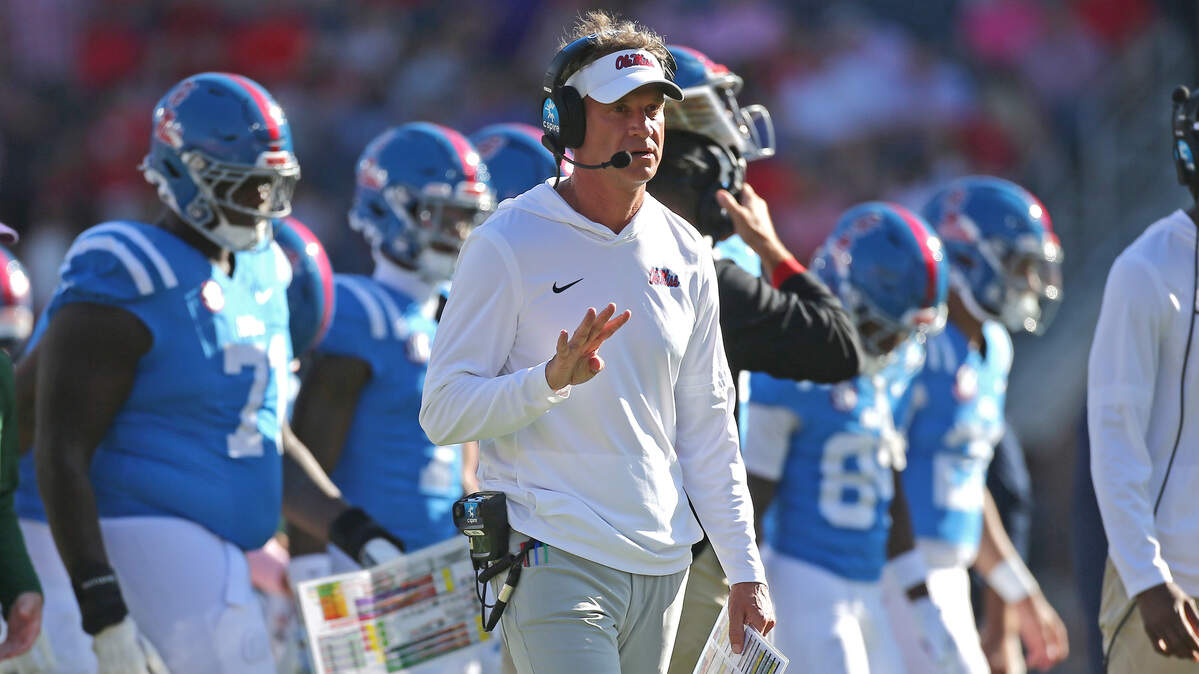 Sep 27, 2025; Oxford, Mississippi, USA; Mississippi Rebels head coach Lane Kiffin looks on during a time out during the second quarter against the LSU Tigers at Vaught-Hemingway Stadium. Mandatory Credit: Petre Thomas-Imagn Images