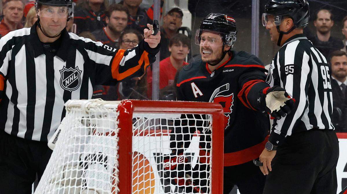 Carolina’s Sebastian Aho (20) can’t believe he was called for a penalty in the first period of the Carolina Hurricanes’ game against the Florida Panthers in Game 1 of the Eastern Conference Finals at the Lenovo Center in Raleigh, N.C., Tuesday, May 20, 2025.