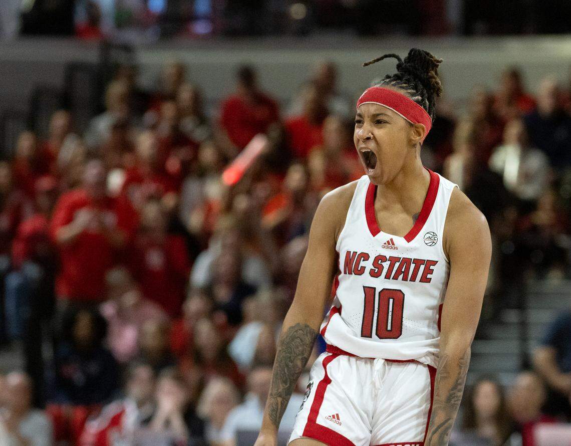 N.C. State’s Aziaha James celebrates after a made basket during the first half of the Wolfpack’s game against UConn on Sunday, Nov. 12, 2023, at Reynolds Coliseum in Raleigh, N.C.