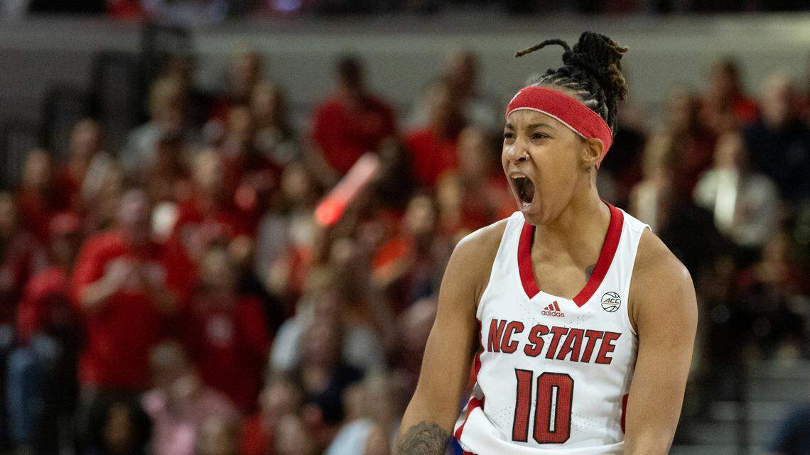 N.C. State’s Aziaha James celebrates after a made basket during the first half of the Wolfpack’s game against UConn on Sunday, Nov. 12, 2023, at Reynolds Coliseum in Raleigh, N.C.