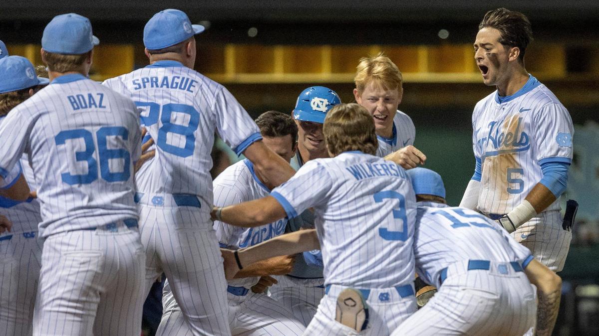 North Carolina’s Gavin Gallaher (5) heads to home after connecting for a walk-off grand slam in the bottom of the ninth inning to give the Tar Heels an 11-8 victory over Long Island University in the NCAA Regional on Friday, May 31, 2024 at Boshamer Stadium in Chapel Hill, N.C.