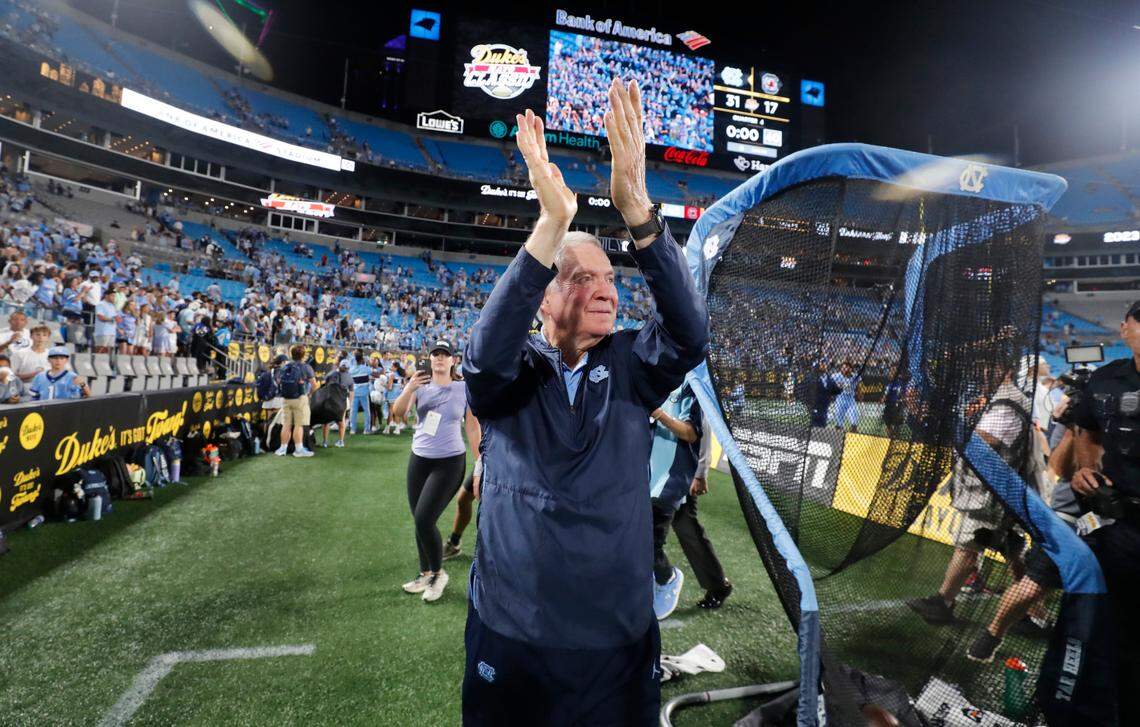 North Carolina head coach Mack Brown thanks the crowd after UNC’s 31-17 victory over South Carolina in the Duke’s Mayo Classic at Bank of America Stadium in Charlotte, N.C., Saturday, Sept. 2, 2023.
