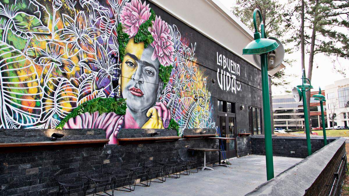 A mural from the patio at La Buena Vida in North Raleigh. The popular restaurant will expand to Cary, taking over the former Totopos space.