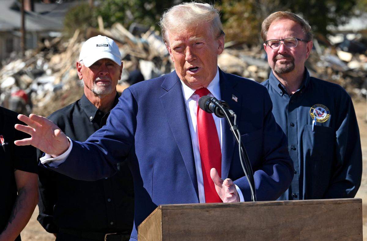 Former President Donald J. Trump addresses the media in Swannanoa, NC on Monday, October 21, 2024 following his tour of damage caused by Hurricane Helene in the local area.