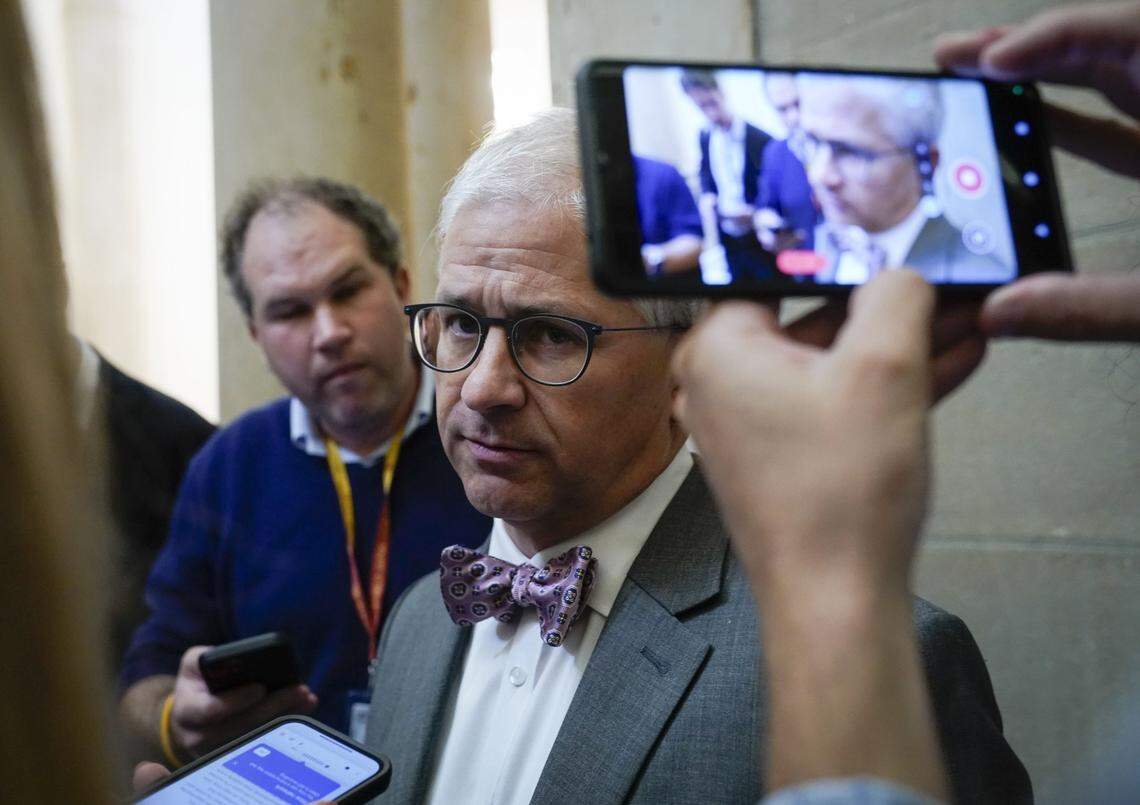 Oct 3, 2023; Washington, D.C., USA ; Rep. Patrick McHenry (R-N.C.) was designated as speaker pro-tempore after Speaker of the House Kevin McCarthy was voted out of the leadership chair at the United States Capitol. Mandatory Credit: Jack Gruber-USA TODAY