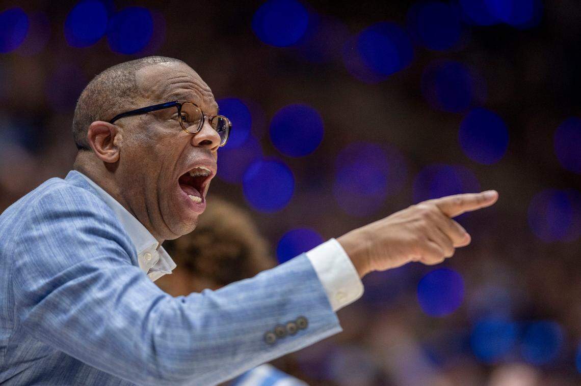 North Carolina coach Hubert Davis directs his team on defense in the first half against Duke on Saturday, February 1, 2025 at Cameron Indoor Stadium in Durham, N.C.