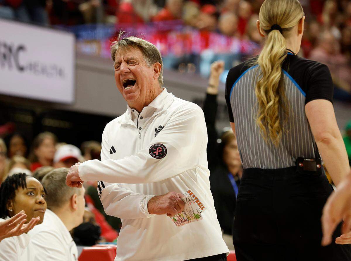 N.C. State head coach Wes Moore reacts to a call during the first half of the Wolfpack’s game against Notre Dame on Sunday, Feb. 23, 2025, at Reynolds Coliseum in Raleigh, N.C.