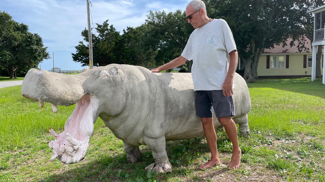 Owner Gerry Barrett talks about the cracks that have formed in the concrete hippopotamus statue he calls Ursula Pickle. Ursula has traveled from Chapel Hill to Chatham County to Oregon and back again. She now will live out her days in Atlantic, NC.