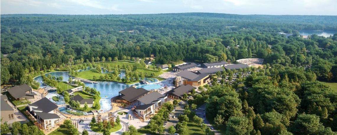 A conceptual image of what the area next to Lake Crabtree County Park might look like after Raleigh-Durham International Airport redevelops the property. Pacific Elm Properties is developing ideas for a “recreation and wellness destination” at the request of the airport. 