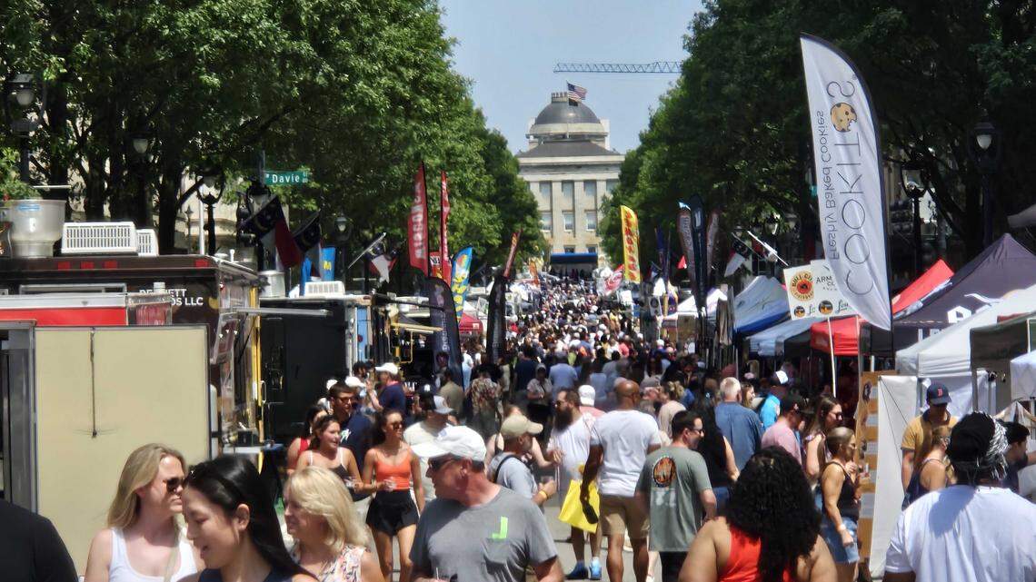 Fayetteville Street in Downtown Raleigh is packed on April 25, 2026 for the second day of Brewgaloo, a beer festival organized by Shop Local Raleigh.