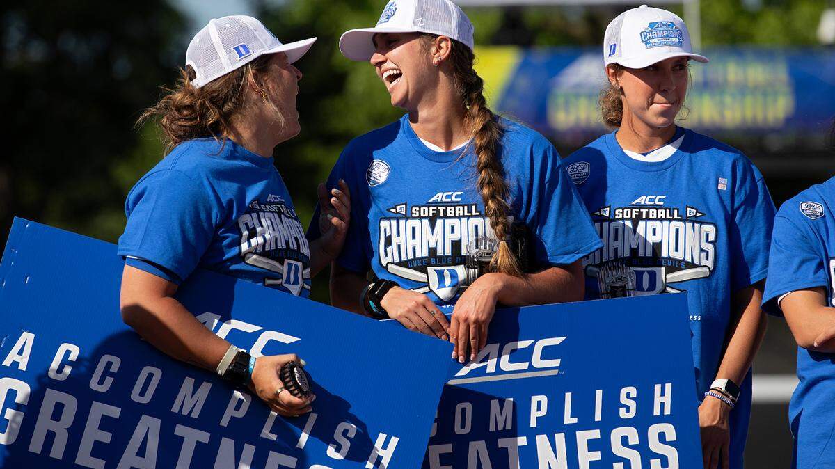 Duke players celebrate following the Blue Devils’ 6-3 win over Florida State in the ACC Tournament final on Saturday, May 11, 2024, in Durham, N.C.