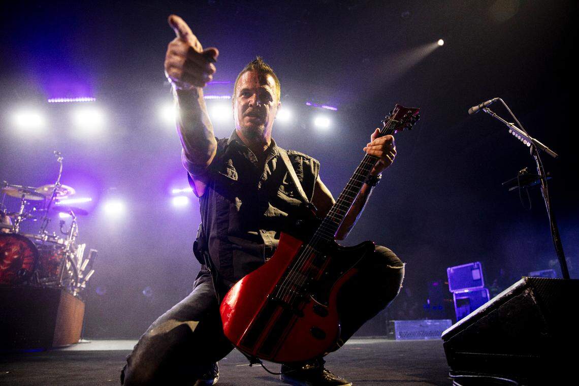 Disturbed lead guitarist Dan Donegan works the crowd as the band brings their “Take Back Your Life Tour” to Raleigh, N.C.’s Coastal Credit Union Music Park at Walnut Creek, Wednesday night, Sept. 6, 2023.