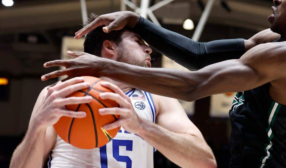Duke’s Ryan Young (15) pulls in the rebound from Dartmouth’s Jayden Williams (22) during the second half of Duke’s 92-54 victory over Dartmouth at Cameron Indoor Stadium in Durham, N.C., Monday, Nov. 6, 2023.