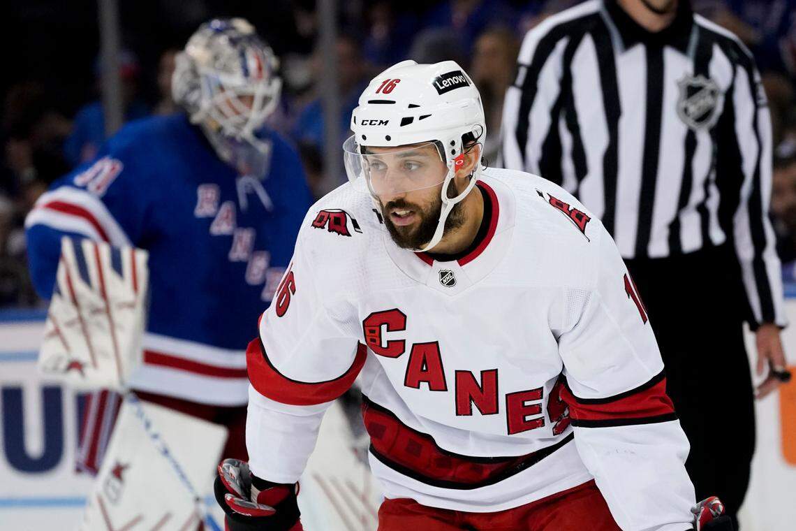Carolina Hurricanes center Vincent Trocheck (16) skates back to the bench after scoring on New York Rangers goaltender Igor Shesterkin (31) during the second period of Game 6 of an NHL hockey Stanley Cup second-round playoff series, Saturday, May 28, 2022, in New York. (AP Photo/John Minchillo)