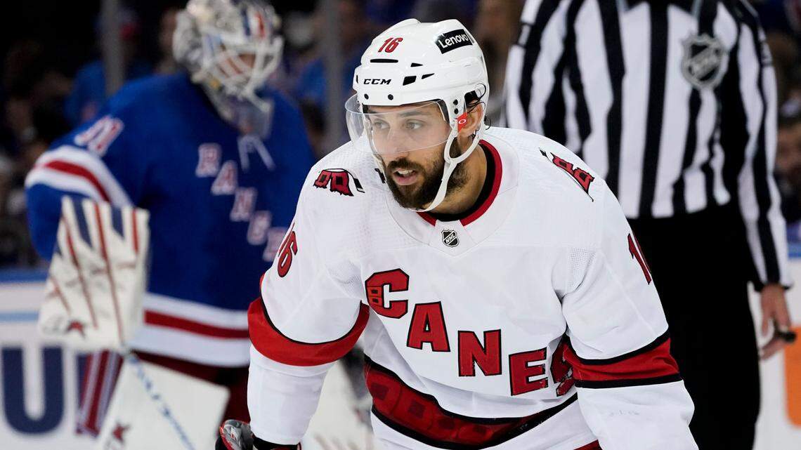 Carolina Hurricanes center Vincent Trocheck (16) skates back to the bench after scoring on New York Rangers goaltender Igor Shesterkin (31) during the second period of Game 6 of an NHL hockey Stanley Cup second-round playoff series, Saturday, May 28, 2022, in New York. (AP Photo/John Minchillo)