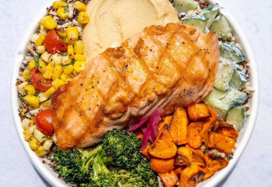 Piada Italian Street Food’s power bowl combines harissa grain blend, hummus, roasted sweet potatoes, sweet corn and tomato, roasted broccoli, cucumber salad, pickled red onions and yogurt harissa.