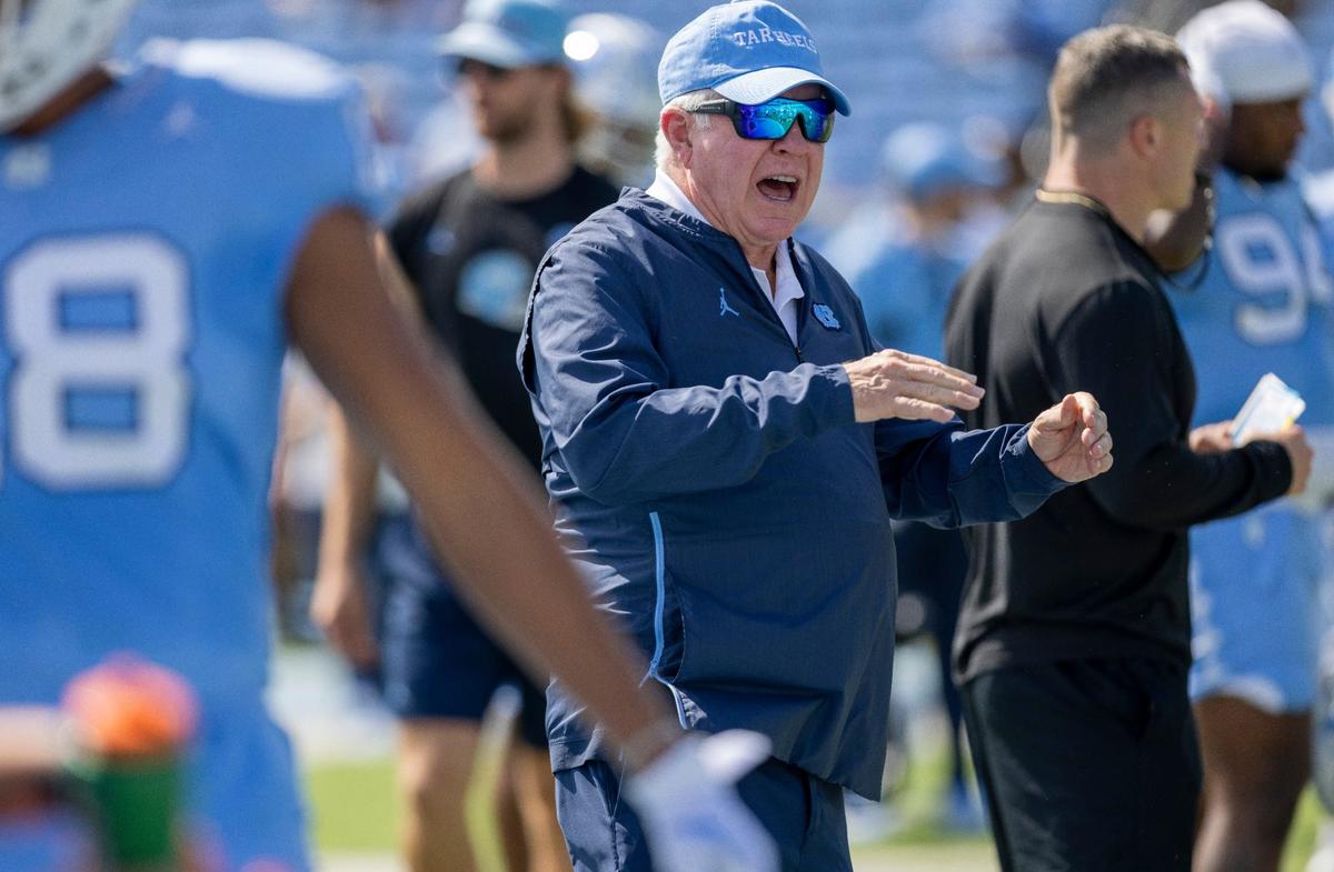 North Carolina coach Mack Brown applauds his players as they warm up for the Tar Heels’ game against James Madison on Saturday, September 21, 2024 at Kenan Stadium in Chapel Hill, N.C.