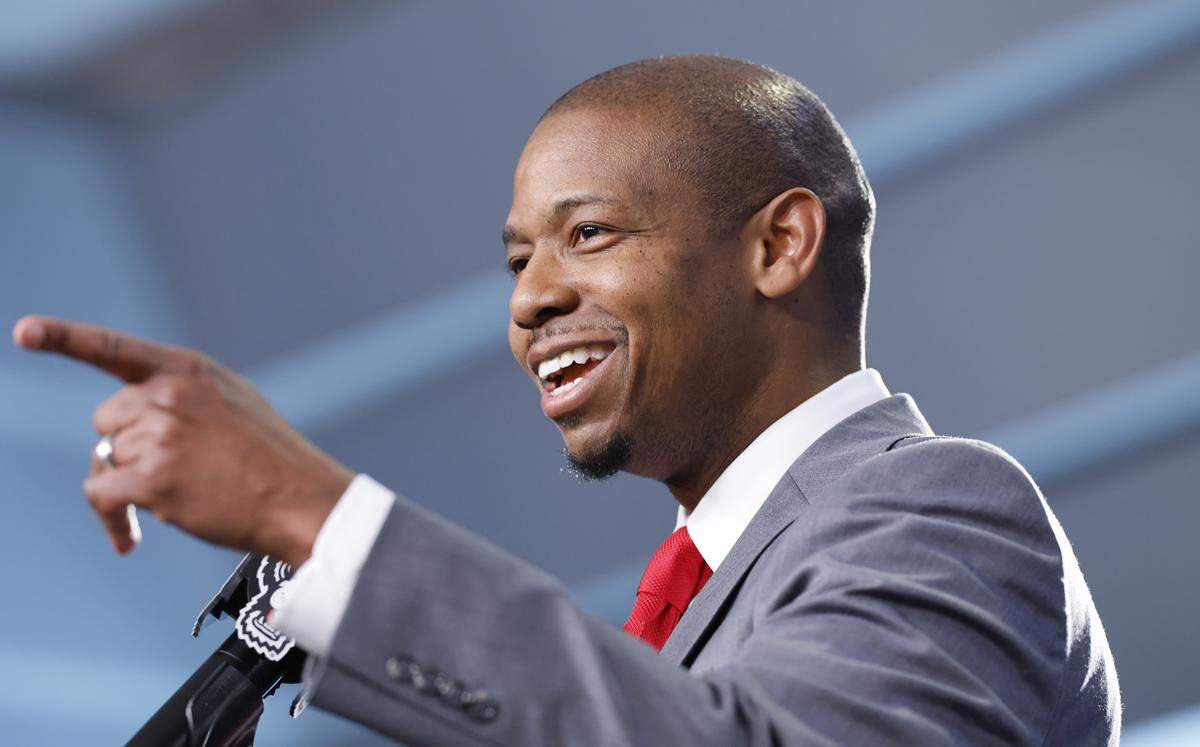 New N.C. State head men’s basketball coach Justin Gainey speaks after he was introduced during press conference at the Lenovo Center in Raleigh, N.C.,  Wednesday, April 1, 2026.