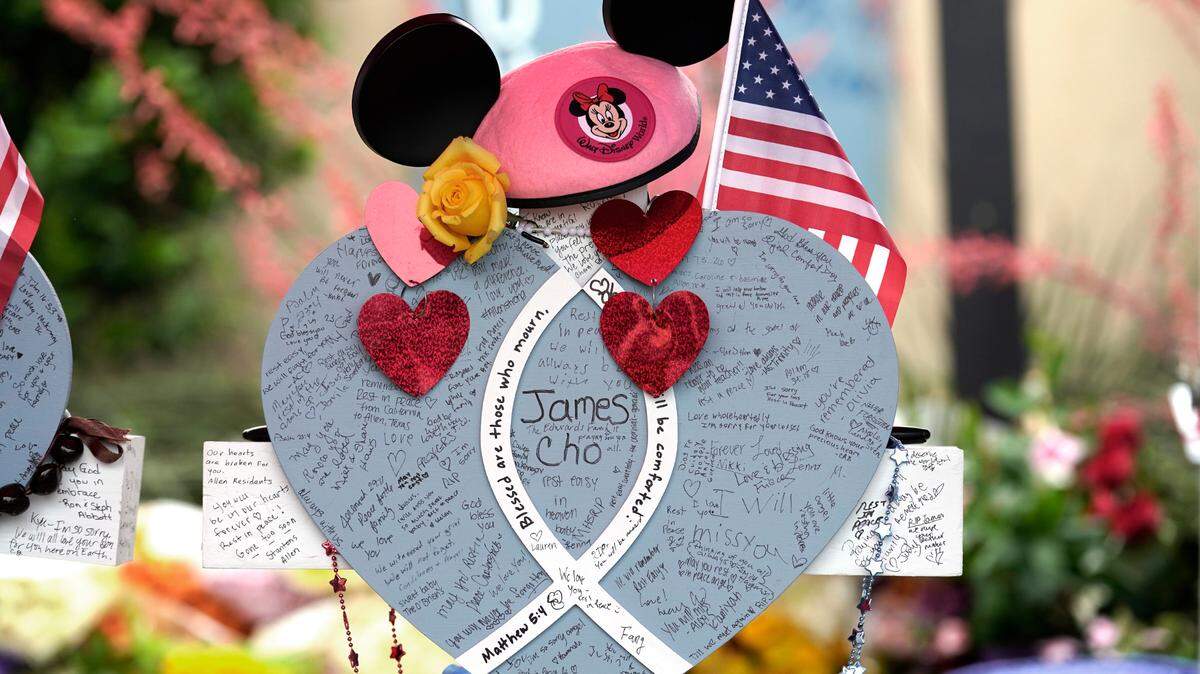A memorial to 3-year-old James Cho, who died May 10, 2023 in a mass shooting in Allen, Texas, stands outside the outlet mall where James and 7 others were shot to death. Cho’s parents were also killed. His 6-year-old brother was severely injured but survived.