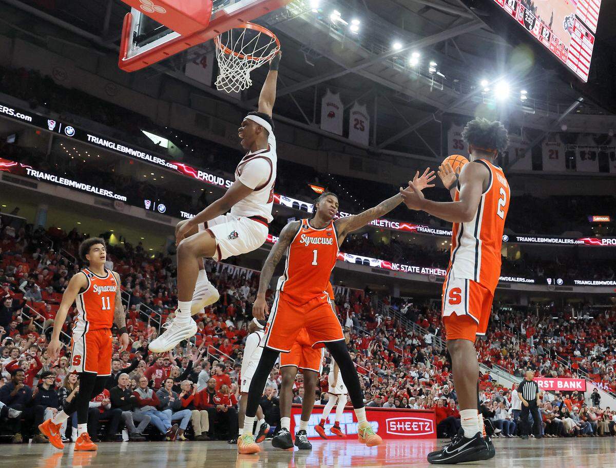 N.C. State’s Ven-Allen Lubin reacts after slamming in two during the second half of the Wolfpack’s 88-68 win over Syracuse on Tuesday, Jan. 27, 2026, at Lenovo Center in Raleigh, N.C. 