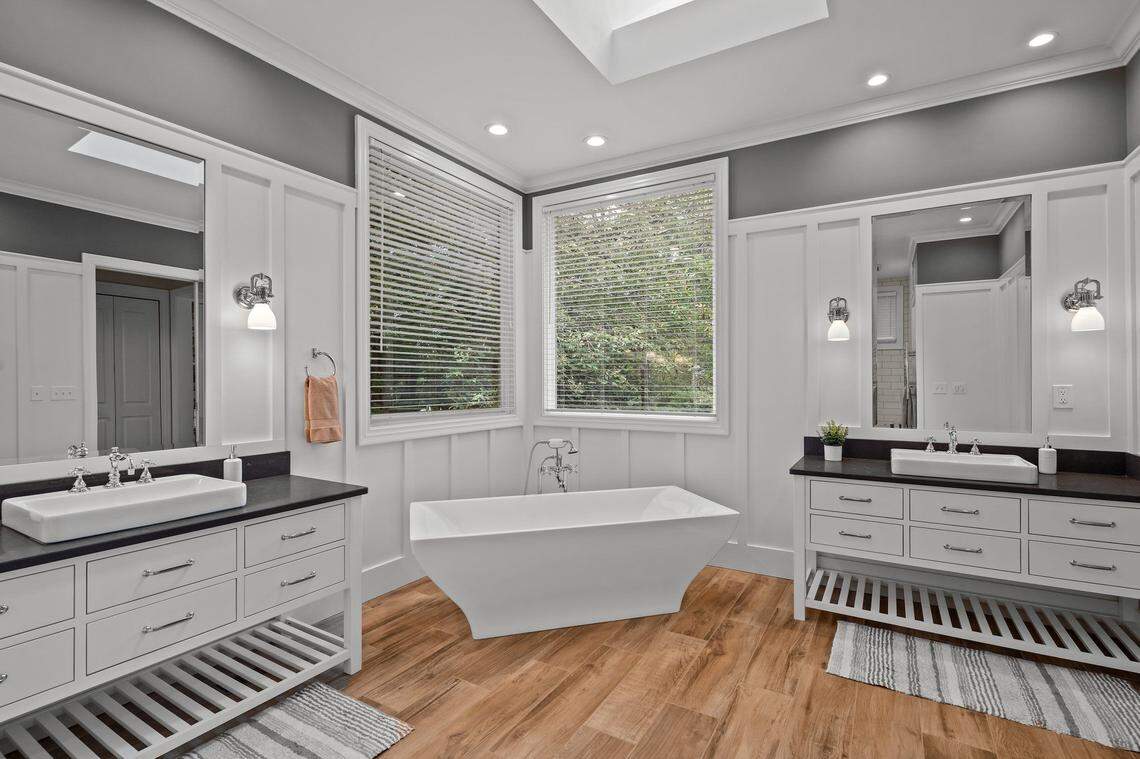 Inside the master bathroom of 32430 Archdale in the Highland Pond neighborhood of Governors Club in Chapel Hill. Custom-built by the late NBA veteran and UNC legend Eric Montross, it’s now up for sale.