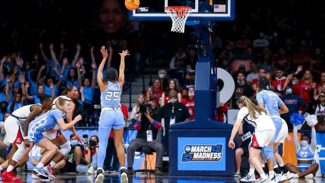 North Carolina Tar Heels guard Deja Kelly (25) shoots a free throw during a second round game at the NCAA women’s college basketball tournament in Tucson, Ariz. Monday, March 21, 2022. (Rebecca Sasnett/Arizona Daily Star via AP)