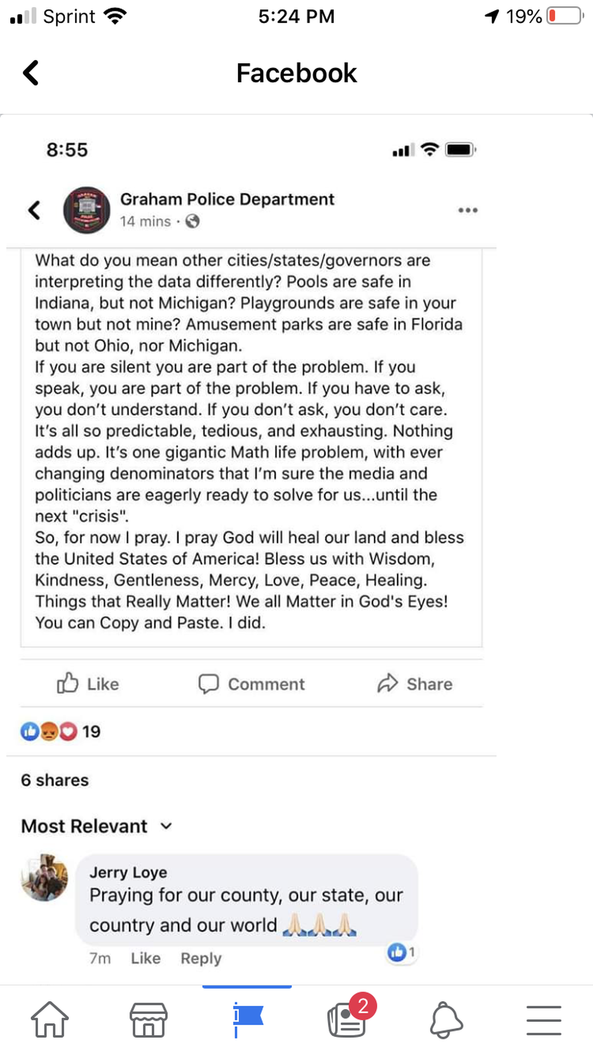 Chief Jeffery Prichard said he inadvertently shared this post to the Graham Police Department’s Facebook page Friday.