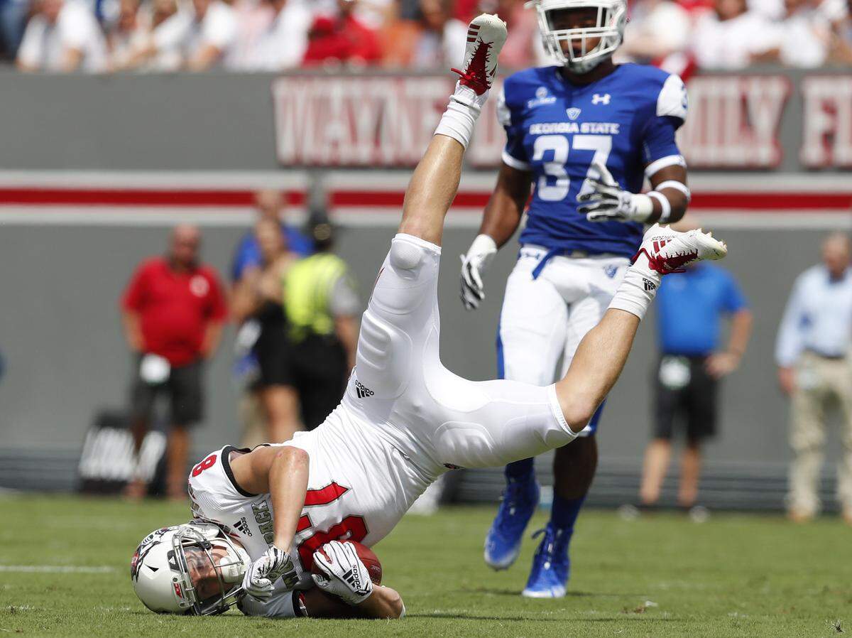 N.C. State wide receiver Thayer Thomas (87) makes a 23-yard reception during the first half of N.C. State’s game against Georgia State at Carter-Finley Stadium in Raleigh, N.C., Saturday, Sept. 8, 2018.