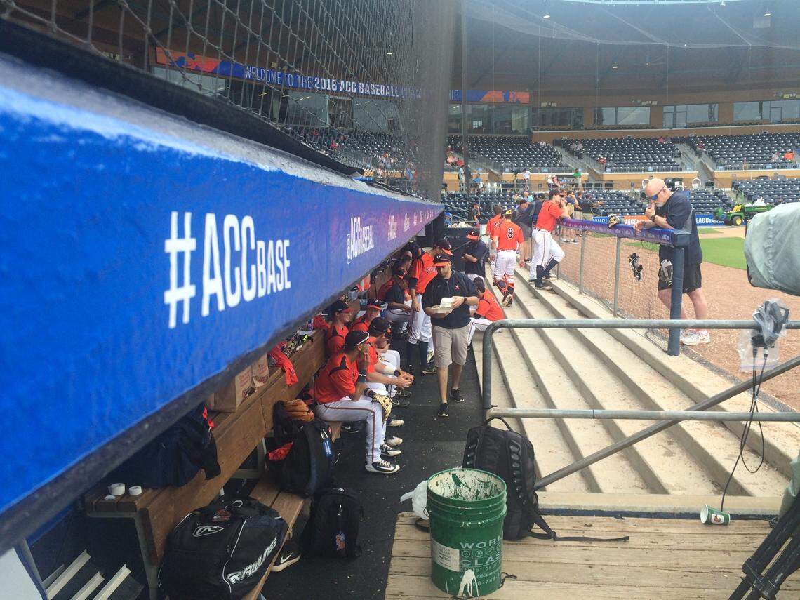Virginia gets ready to take the field for the second game of the 2018 ACC baseball tournament at Durham Bulls Athletic Park. The tournament returned to Durham after a one-year hiatus in Louisville because of HB2.