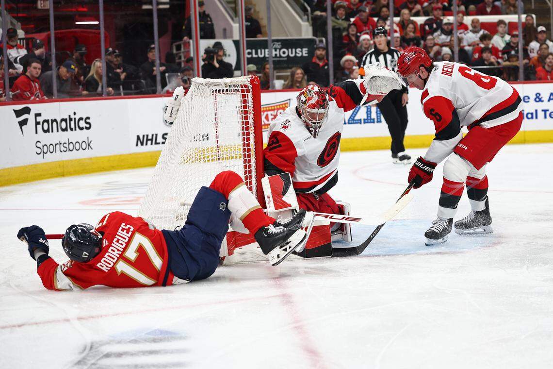 Goalie Frederik Andersen of the Carolina Hurricanes makes a save against Evan Rodrigues (17) of the Florida Panthers during the first period at Lenovo Center on Dec. 23, 2025 in Raleigh, North Carolina.